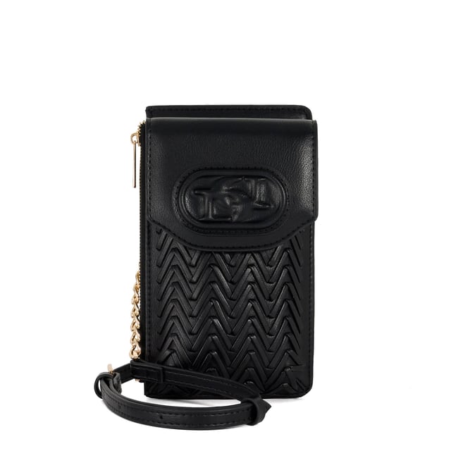 Fitted with a front compartment to slip your smartphone into and an extra side zipped pocket for your keys and a back pocket for your cards, this slimline pouch is suspended from a part chain detail cross-body strap. The front features our embossed logo.