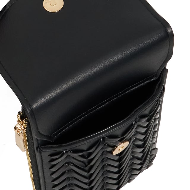 Fitted with a front compartment to slip your smartphone into and an extra side zipped pocket for your keys and a back pocket for your cards, this slimline pouch is suspended from a part chain detail cross-body strap. The front features our embossed logo.