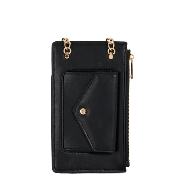 Fitted with a front compartment to slip your smartphone into and an extra side zipped pocket for your keys and a back pocket for your cards, this slimline pouch is suspended from a part chain detail cross-body strap. The front features our embossed logo.