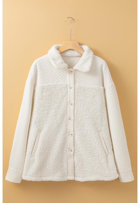 White solid color shacket
  Quilted design adds texture and warmth
  Sherpa lining for cozy comfort
  Button
  up closure for a timeless shirt
  style look
  Versatile styling option
Material: 97% Polyester 3% Elastane