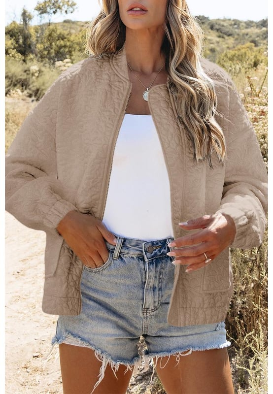 Light French Beige Floral Quilted Jacket
  Woven quilted fabric in a beautiful floral design
  Long sleeves and drop shoulders
  Full zipped closure on the front
  Chic and versatile
  Perfect for adding sophistication to any outfit
  Available in various sizes
  see size chart for your perfect fit
Material: 97% Polyester 3% Elastane