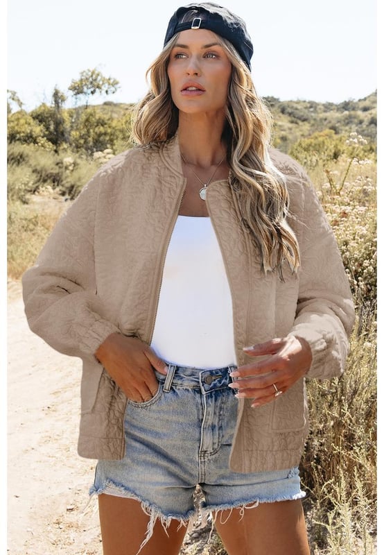 Light French Beige Floral Quilted Jacket
  Woven quilted fabric in a beautiful floral design
  Long sleeves and drop shoulders
  Full zipped closure on the front
  Chic and versatile
  Perfect for adding sophistication to any outfit
  Available in various sizes
  see size chart for your perfect fit
Material: 97% Polyester 3% Elastane