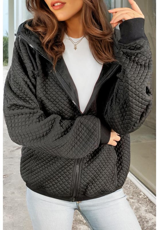Textured and cozy quilted jacket
  Stylish hood for added warmth
  Convenient side pockets
  Easy zip
  up closure
  Available in a variety of sizes
Material: 97% Polyester 3% Elastane