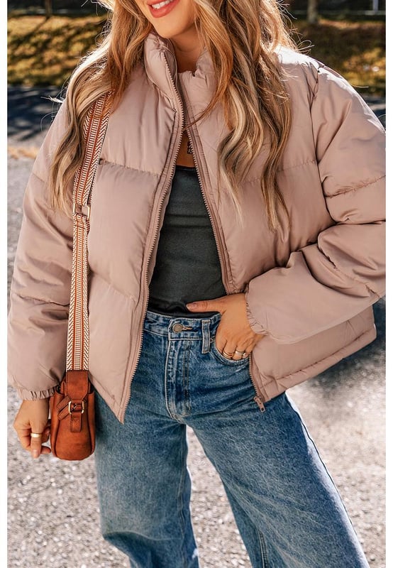 Apricot Pink Full Zipper Quilted Puffer Jacket
  Quilted design for added texture and sophistication
  High neck for extra warmth and trendy look
  Shift style for a flattering and comfortable fit
  Perfect for layering and versatile styling options
Material: 100% Polyester