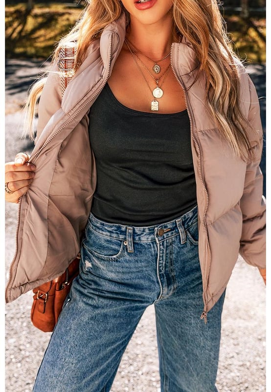 Apricot Pink Full Zipper Quilted Puffer Jacket
  Quilted design for added texture and sophistication
  High neck for extra warmth and trendy look
  Shift style for a flattering and comfortable fit
  Perfect for layering and versatile styling options
Material: 100% Polyester