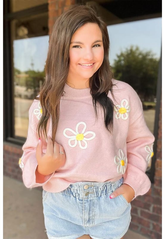 Suéter de Cuello Redondo de Chenille Rosa con Bordado de Margaritas  
Material de chenille de alta calidad  
Hermosos detalles de bordado de margaritas  
Diseño de cuello redondo cómodo y favorecedor  
Versátil para cualquier ocasión