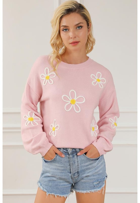 Suéter de Cuello Redondo de Chenille Rosa con Bordado de Margaritas  
Material de chenille de alta calidad  
Hermosos detalles de bordado de margaritas  
Diseño de cuello redondo cómodo y favorecedor  
Versátil para cualquier ocasión