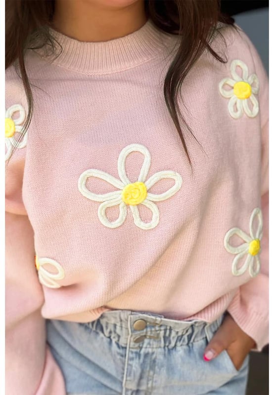 Suéter de Cuello Redondo de Chenille Rosa con Bordado de Margaritas  
Material de chenille de alta calidad  
Hermosos detalles de bordado de margaritas  
Diseño de cuello redondo cómodo y favorecedor  
Versátil para cualquier ocasión