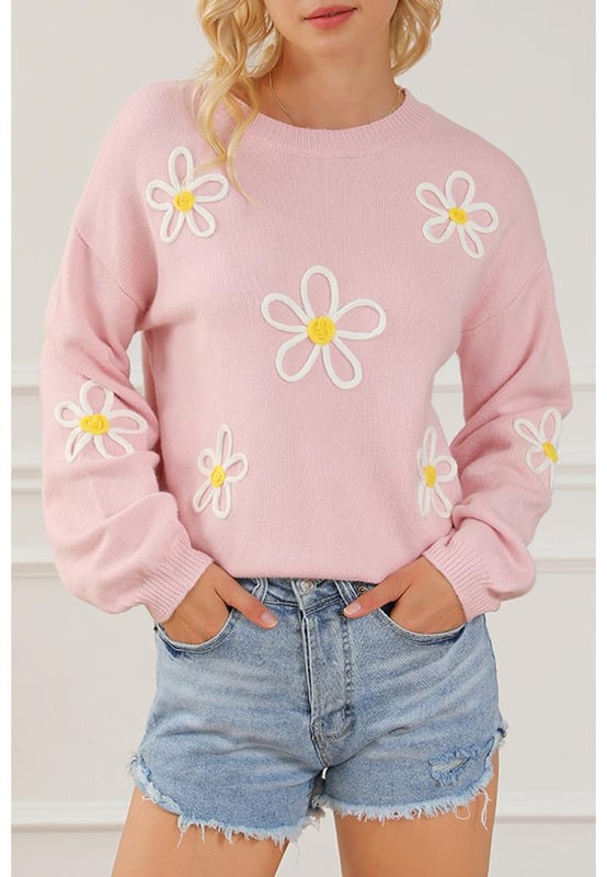 Suéter de Cuello Redondo de Chenille Rosa con Bordado de Margaritas  
Material de chenille de alta calidad  
Hermosos detalles de bordado de margaritas  
Diseño de cuello redondo cómodo y favorecedor  
Versátil para cualquier ocasión