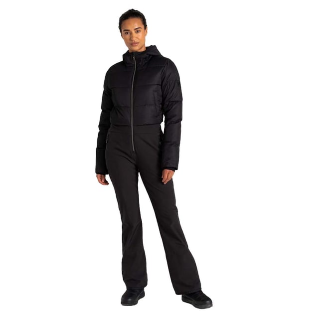 The Dare 2b x Swarovski Flurry Snowsuit, crafted from recycled waterproof and breathable stretch fabric and waterproof softshell, delivers superior protection and agility. The water-repellent finish adds extra coverage. The exposed front zip fastening and grown-on hood with a snug high collar add a modern touch, and the 2-in-1 design provides versatility. You'll stay cosy with the warm inner sleeve cuffs and warm scrim lining to the upper body. Complete with ski features like a ski pass pocket, snow gaiters and a zip gusset at the hem, this ladies snowsuit meets all your skiing needs. You'll make a stylish statement on the slopes with badge and zip pullers embellished with Swarovski crystals.