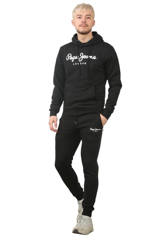 The Pepe Jeans London men's regular fit tracksuit set offers a soft and lightweight hoodie paired with matching joggers. The hoodie features ribbed details on the hood, cuffs, and hem, along with an adjustable hood and a kangaroo pocket for convenience. The joggers come with a waistband drawstring for a secure fit. Both pieces showcase the Pepe Jeans London Big logo on the chest for the hoodie and the small logo on left leg for the joggers. A decorative inner neckband with an all-over logo adds a stylish touch. Made from 100% sustainable cotton, the fabric consists of 65% cotton and 35% polyester. The set is a washable machine for easy maintenance.