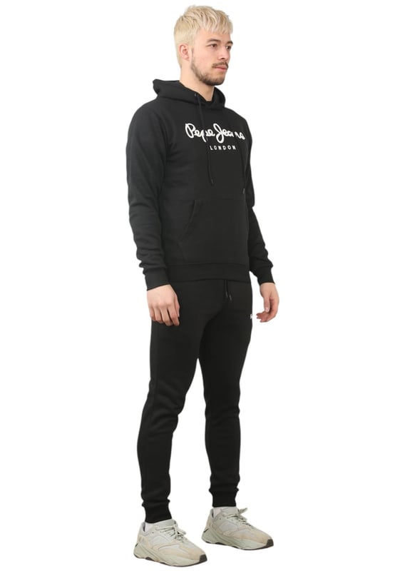 The Pepe Jeans London men's regular fit tracksuit set offers a soft and lightweight hoodie paired with matching joggers. The hoodie features ribbed details on the hood, cuffs, and hem, along with an adjustable hood and a kangaroo pocket for convenience. The joggers come with a waistband drawstring for a secure fit. Both pieces showcase the Pepe Jeans London Big logo on the chest for the hoodie and the small logo on left leg for the joggers. A decorative inner neckband with an all-over logo adds a stylish touch. Made from 100% sustainable cotton, the fabric consists of 65% cotton and 35% polyester. The set is a washable machine for easy maintenance.