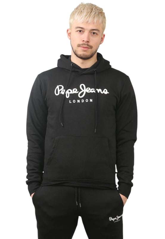 The Pepe Jeans London men's regular fit tracksuit set offers a soft and lightweight hoodie paired with matching joggers. The hoodie features ribbed details on the hood, cuffs, and hem, along with an adjustable hood and a kangaroo pocket for convenience. The joggers come with a waistband drawstring for a secure fit. Both pieces showcase the Pepe Jeans London Big logo on the chest for the hoodie and the small logo on left leg for the joggers. A decorative inner neckband with an all-over logo adds a stylish touch. Made from 100% sustainable cotton, the fabric consists of 65% cotton and 35% polyester. The set is a washable machine for easy maintenance.