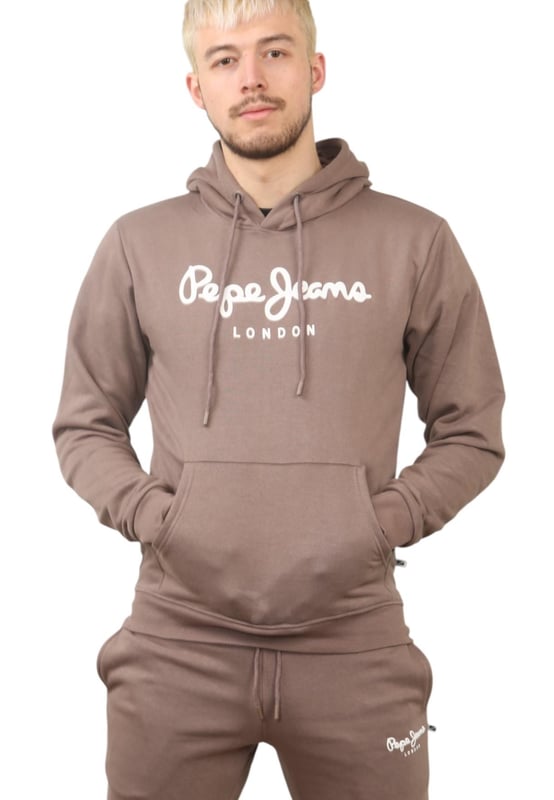 The Pepe Jeans London men's regular fit tracksuit set offers a soft and lightweight hoodie paired with matching joggers. The hoodie features ribbed details on the hood, cuffs, and hem, along with an adjustable hood and a kangaroo pocket for convenience. The joggers come with a waistband drawstring for a secure fit. Both pieces showcase the Pepe Jeans London Big logo on the chest for the hoodie and the small logo on left leg for the joggers. A decorative inner neckband with an all-over logo adds a stylish touch. Made from 100% sustainable cotton, the fabric consists of 65% cotton and 35% polyester. The set is a washable machine for easy maintenance.