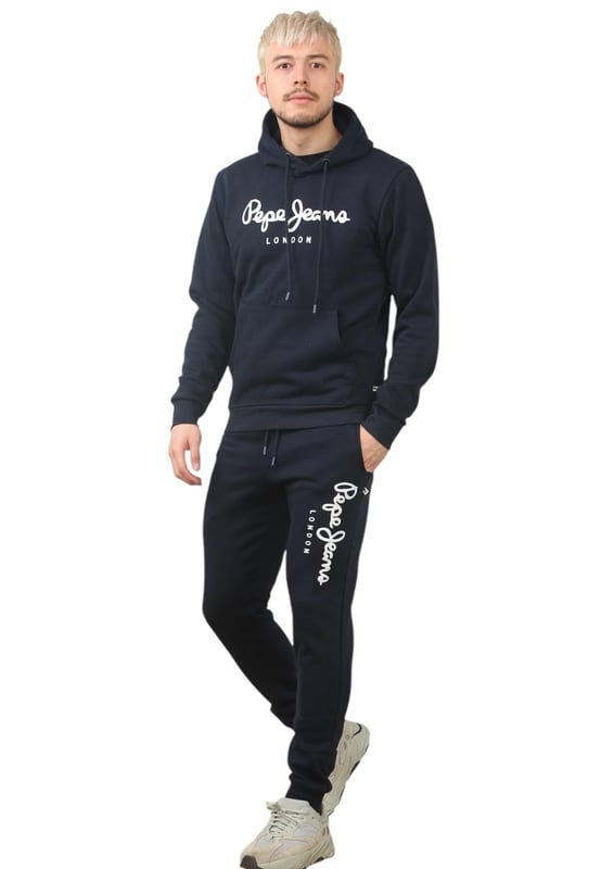 The Pepe Jeans London men's regular fit tracksuit set offers a soft and lightweight hoodie paired with matching joggers. The hoodie features ribbed details on the hood, cuffs, and hem, along with an adjustable hood and a kangaroo pocket for convenience. The joggers come with a waistband drawstring for a secure fit. Both pieces showcase the Pepe Jeans London Big logo on the chest for the hoodie and the left leg for the joggers. A decorative inner neckband with an all-over logo adds a stylish touch. Made from 100% sustainable cotton, the fabric consists of 65% cotton and 35% polyester. The set is a washable machine for easy maintenance.