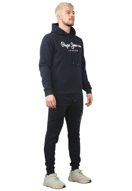 The Pepe Jeans London men's regular fit tracksuit set offers a soft and lightweight hoodie paired with matching joggers. The hoodie features ribbed details on the hood, cuffs, and hem, along with an adjustable hood and a kangaroo pocket for convenience. The joggers come with a waistband drawstring for a secure fit. Both pieces showcase the Pepe Jeans London Big logo on the chest for the hoodie and the left leg for the joggers. A decorative inner neckband with an all-over logo adds a stylish touch. Made from 100% sustainable cotton, the fabric consists of 65% cotton and 35% polyester. The set is a washable machine for easy maintenance.