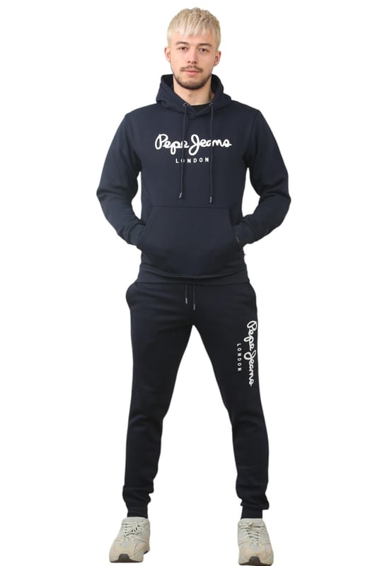 The Pepe Jeans London men's regular fit tracksuit set offers a soft and lightweight hoodie paired with matching joggers. The hoodie features ribbed details on the hood, cuffs, and hem, along with an adjustable hood and a kangaroo pocket for convenience. The joggers come with a waistband drawstring for a secure fit. Both pieces showcase the Pepe Jeans London Big logo on the chest for the hoodie and the left leg for the joggers. A decorative inner neckband with an all-over logo adds a stylish touch. Made from 100% sustainable cotton, the fabric consists of 65% cotton and 35% polyester. The set is a washable machine for easy maintenance.