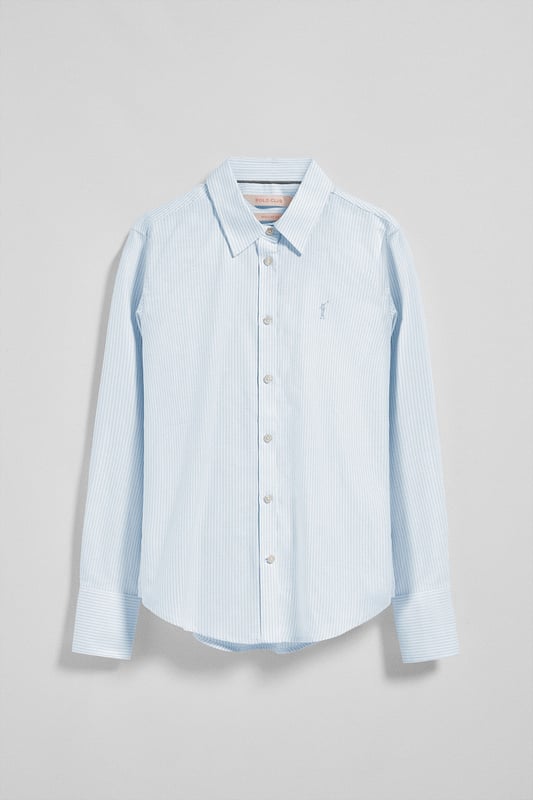 Unser Regular-Fit-Hemd für Damen ist für alle gedacht, die Stil und Komfort suchen. Es ist aus gestreifter Oxford-Baumwolle gefertigt und bietet eine strapazierfähige Textur und ein elegantes Finish. Der französische Kragen verleiht dem Hemd eine raffinierte Note, während kontrastierende Paspeln an der Innenseite des Kragens das Design akzentuieren. Logo-Knöpfe an den Manschetten und am Knopfverschluss. Das kontrastfarbene gestickte Rigby Go Logo auf der Brust verleiht dem Hemd einen einzigartigen und unverwechselbaren Touch.