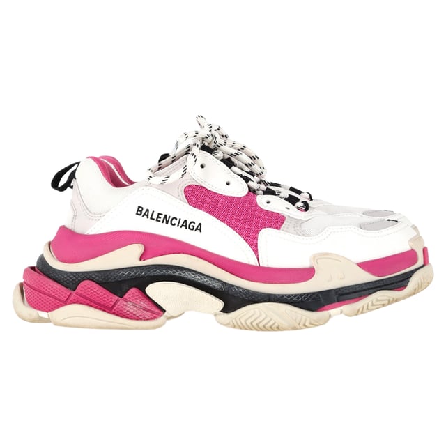 VINTAGE, RRP AS NEW
The Balenciaga Triple S Sneakers in Pink and White Polyester offer a bold, statement-making design with a mix of soft pink and crisp white hues for a striking, contemporary look. Known for their chunky silhouette, these sneakers provide both comfort and high fashion, making them a must-have for fashion-forward women. The oversized design and layered soles bring a unique edge, while the color combination adds a playful yet chic vibe to your outfit. Pair them with relaxed denim, a graphic tee, and a leather jacket for an effortlessly cool street-style look, or style them with a mini skirt for a bold contrast that makes a statement.

Balenciaga Triple S Sneakers in Pink and White Polyester

Condition: Very good
Signs of wear: Minor markings, Lightly used but very well maintained. Minor mark at soles & creasing, light scuffing at the soles and heels.
Packaging: Dust bag
Color: Multicolor
Material: Polyester
Size: EU | 39
Measurements: Heel height: 70; Insole length: 330
SKU: BAPUGBSH458697W