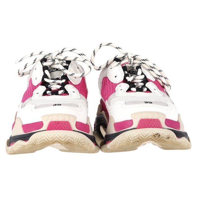 VINTAGE, RRP AS NEW
The Balenciaga Triple S Sneakers in Pink and White Polyester offer a bold, statement-making design with a mix of soft pink and crisp white hues for a striking, contemporary look. Known for their chunky silhouette, these sneakers provide both comfort and high fashion, making them a must-have for fashion-forward women. The oversized design and layered soles bring a unique edge, while the color combination adds a playful yet chic vibe to your outfit. Pair them with relaxed denim, a graphic tee, and a leather jacket for an effortlessly cool street-style look, or style them with a mini skirt for a bold contrast that makes a statement.

Balenciaga Triple S Sneakers in Pink and White Polyester

Condition: Very good
Signs of wear: Minor markings, Lightly used but very well maintained. Minor mark at soles & creasing, light scuffing at the soles and heels.
Packaging: Dust bag
Color: Multicolor
Material: Polyester
Size: EU | 39
Measurements: Heel height: 70; Insole length: 330
SKU: BAPUGBSH458697W