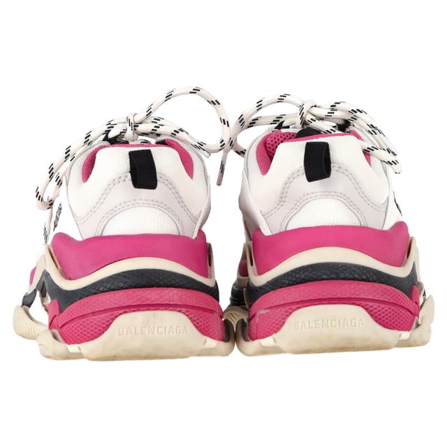 VINTAGE, RRP AS NEW
The Balenciaga Triple S Sneakers in Pink and White Polyester offer a bold, statement-making design with a mix of soft pink and crisp white hues for a striking, contemporary look. Known for their chunky silhouette, these sneakers provide both comfort and high fashion, making them a must-have for fashion-forward women. The oversized design and layered soles bring a unique edge, while the color combination adds a playful yet chic vibe to your outfit. Pair them with relaxed denim, a graphic tee, and a leather jacket for an effortlessly cool street-style look, or style them with a mini skirt for a bold contrast that makes a statement.

Balenciaga Triple S Sneakers in Pink and White Polyester

Condition: Very good
Signs of wear: Minor markings, Lightly used but very well maintained. Minor mark at soles & creasing, light scuffing at the soles and heels.
Packaging: Dust bag
Color: Multicolor
Material: Polyester
Size: EU | 39
Measurements: Heel height: 70; Insole length: 330
SKU: BAPUGBSH458697W