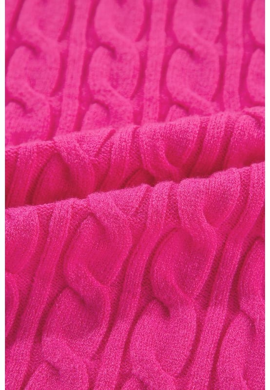 Rojo rosa sólido  
Detalles de punto de cable  
Cuello alto  
Hombro caído  
Silhouette relajada y moderna  
Se puede combinar fácilmente con varios pantalones  
Disponible en múltiples tallas  
Consulta la tabla de tallas para un ajuste preciso  
Material: 50% Viscosa, 28% Poliéster, 22% Poliamida  