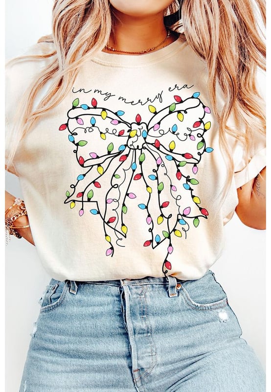 White Colored Light Bowknot Graphic Crewneck T Shirt
  Features a bold bow graphic with colorful lights
  Soft and comfortable material
  Suitable for pairing with jeans or casual pants
  Available in various sizes from S to 3XL