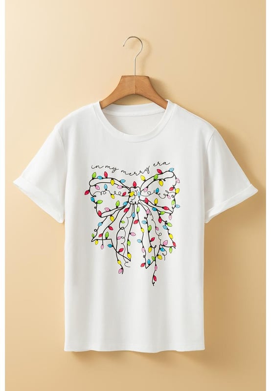 White Colored Light Bowknot Graphic Crewneck T Shirt
  Features a bold bow graphic with colorful lights
  Soft and comfortable material
  Suitable for pairing with jeans or casual pants
  Available in various sizes from S to 3XL