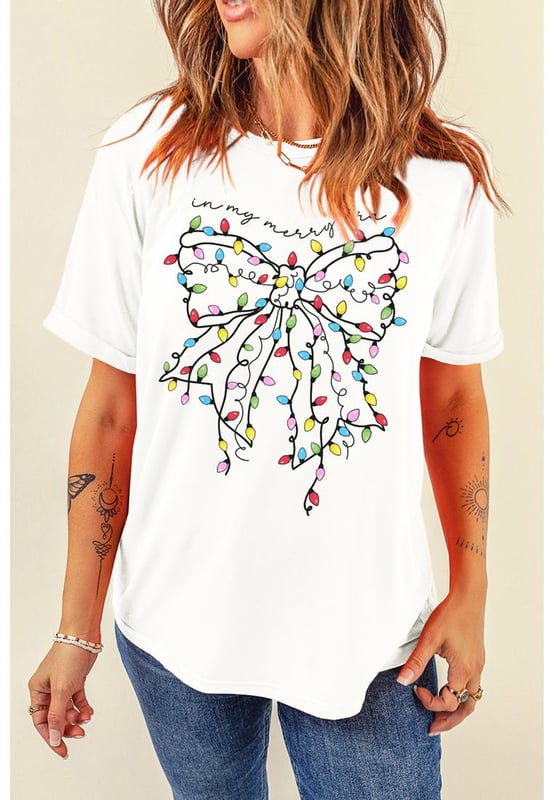 White Colored Light Bowknot Graphic Crewneck T Shirt
  Features a bold bow graphic with colorful lights
  Soft and comfortable material
  Suitable for pairing with jeans or casual pants
  Available in various sizes from S to 3XL