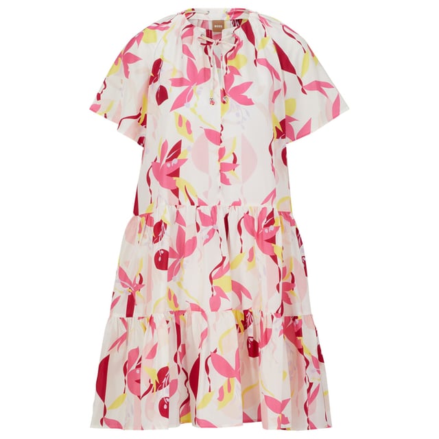 Womens BOSS Darouna Dress in multi colour.- Drawstring neckline.- Short sleeves.- Cut-out at shoulder.- Main material: 100% Silk.  Lining: 100% Viscose.  Dry clean.- Ref: 50488265-962