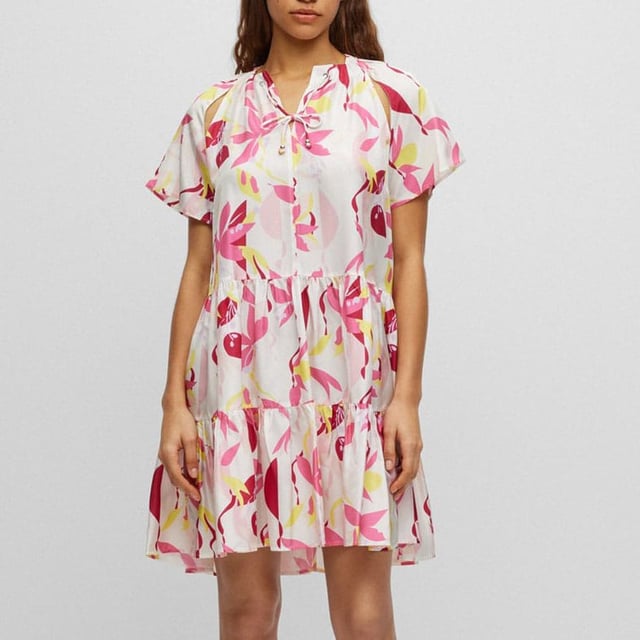 Womens BOSS Darouna Dress in multi colour.- Drawstring neckline.- Short sleeves.- Cut-out at shoulder.- Main material: 100% Silk.  Lining: 100% Viscose.  Dry clean.- Ref: 50488265-962