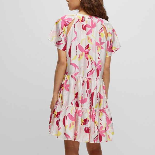 Womens BOSS Darouna Dress in multi colour.- Drawstring neckline.- Short sleeves.- Cut-out at shoulder.- Main material: 100% Silk.  Lining: 100% Viscose.  Dry clean.- Ref: 50488265-962