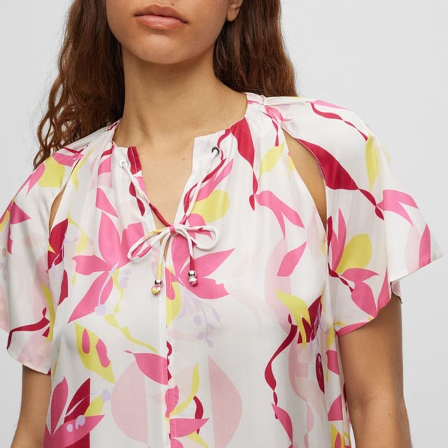 Womens BOSS Darouna Dress in multi colour.- Drawstring neckline.- Short sleeves.- Cut-out at shoulder.- Main material: 100% Silk.  Lining: 100% Viscose.  Dry clean.- Ref: 50488265-962