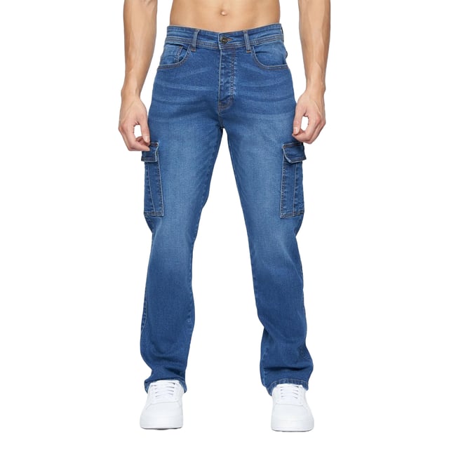 98% Cotton, 2% Elastane. Design: Plain. Pockets: 2 Side Pockets, 2 Back Pockets, 1 Coin Pocket, 2 Thigh Pockets, Flap Closure. Fastening: Zip Fly. Belt Loops. Fit: Loose.