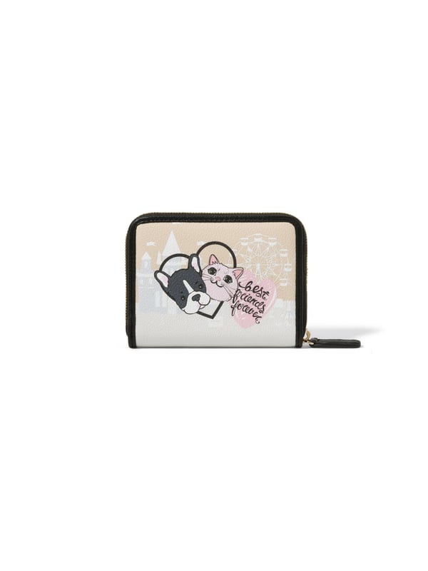 Cartera de mujer. El cierre es con cremallera. Los bolsillos internos tienen tarjeteros y uno con cremallera. Los bolsillos externos están ausentes. Falta la correa para el hombro. Falta el mango. Hay dos compartimentos internos. El material externo es 65% Poliuretano,35% Poliéster. Internamente es 80% Poliuretano, 20% Poliéster. Medidas: 12,5x10x2,5 cm. Producto de moda