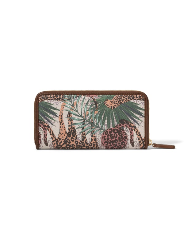 Cartera de mujer. El cierre es con cremallera. Los bolsillos internos cuentan con tarjeteros y porta billetes con bolsillos con cremallera. Los bolsillos externos están ausentes. Falta la correa para el hombro. Falta el mango. Hay dos compartimentos internos. El material exterior es 50% poliéster, 50% poliuretano. Internamente es 80% Poliuretano, 20% Poliéster. Medidas: 19,5x10,5x2,5 cm. Producto de moda