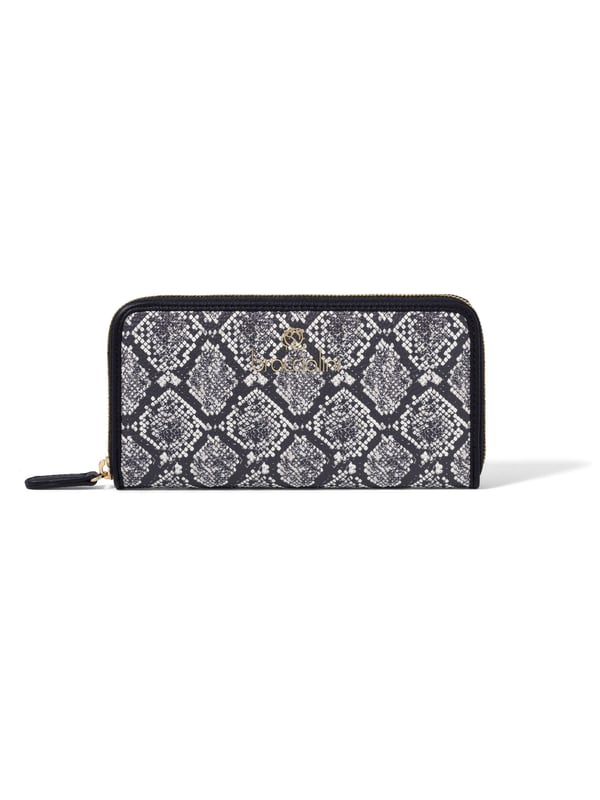 Cartera de mujer. El cierre es con cremallera. Los bolsillos internos cuentan con tarjeteros y porta billetes con bolsillos con cremallera. Los bolsillos externos están ausentes. Falta la correa para el hombro. Falta el mango. Hay dos compartimentos internos. El material exterior es 50% poliéster, 50% poliuretano. Internamente es 80% Poliuretano, 20% Poliéster. Medidas: 19,5x10,5x2,5 cm. Producto de moda