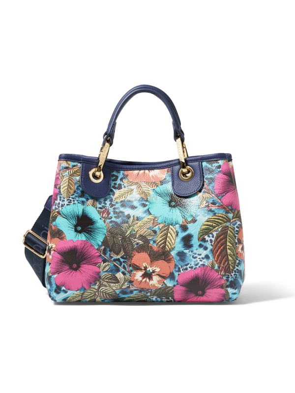 Damenhandtasche mit Magnetknopfverschluss. eine mit Reißverschluss-Innentaschen. fehlende Außentaschen. verstellbarer und abnehmbarer Schultergurt. Griff aus 50 % Polyester, 50 % Polyurethan. zwei Innenfächer.  Außenmaterial: Innenmaterial: 100 % Polyester. Maße: 28x21,5x13 cm. Modeprodukt