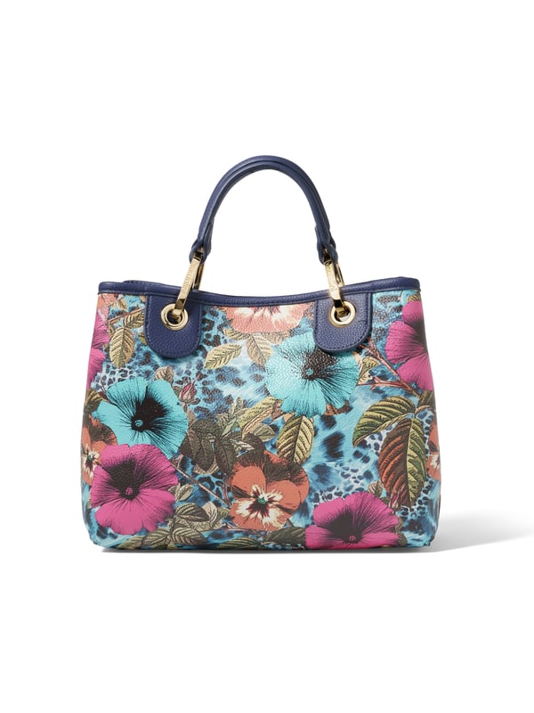 Damenhandtasche mit Magnetknopfverschluss. eine mit Reißverschluss-Innentaschen. fehlende Außentaschen. verstellbarer und abnehmbarer Schultergurt. Griff aus 50 % Polyester, 50 % Polyurethan. zwei Innenfächer.  Außenmaterial: Innenmaterial: 100 % Polyester. Maße: 28x21,5x13 cm. Modeprodukt