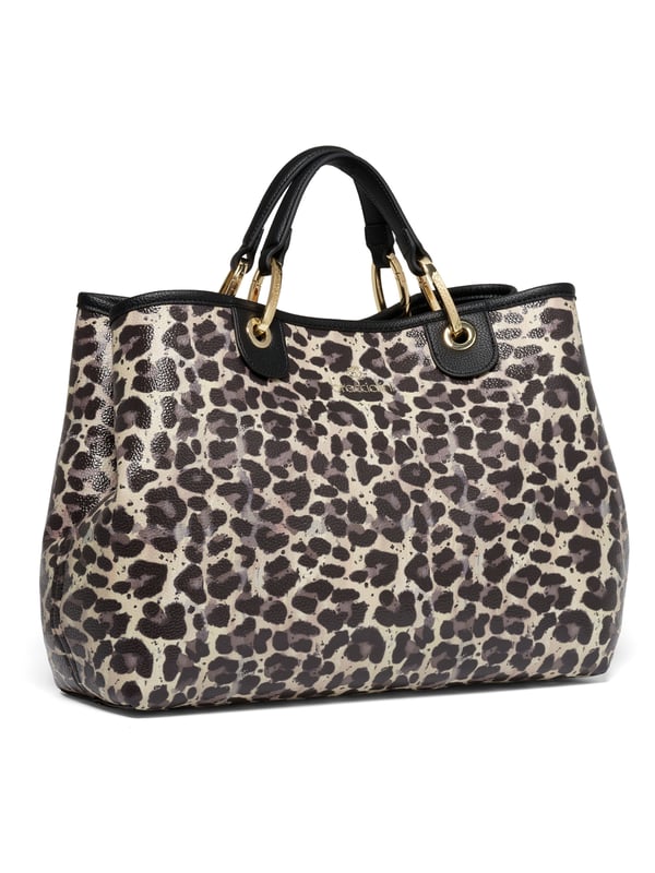Damenhandtasche mit Magnetknopfverschluss. eine mit Reißverschluss-Innentaschen. fehlende Außentaschen. verstellbarer und abnehmbarer Schultergurt. Griff aus 50 % Polyester, 50 % Polyurethan. zwei Innenfächer.  Außenmaterial: Innenmaterial: 100 % Polyester. Maße: 37x27,5x15 cm. Modeprodukt