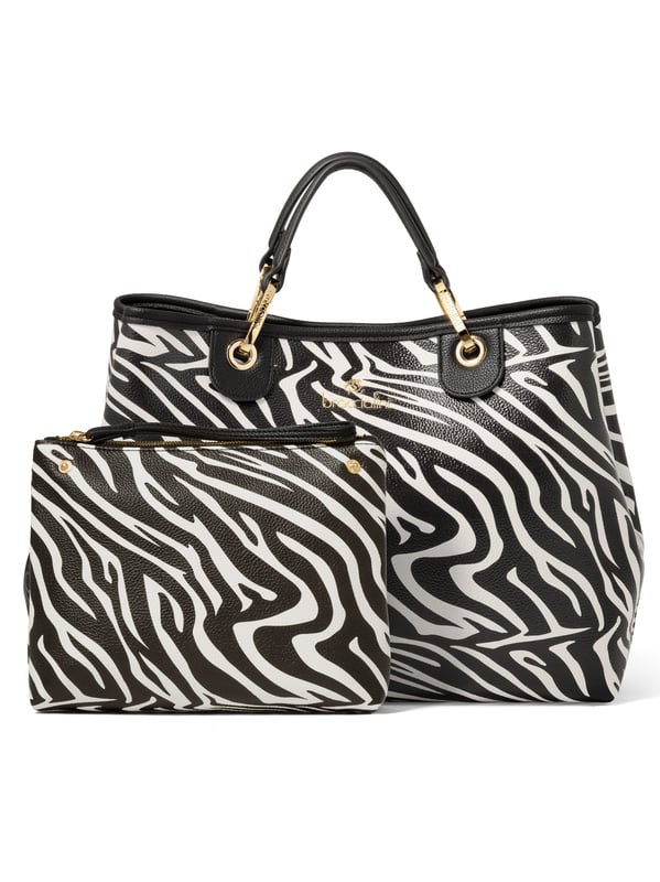 Damenhandtasche mit Magnetknopfverschluss. eine mit Reißverschluss-Innentaschen. fehlende Außentaschen. verstellbarer und abnehmbarer Schultergurt. Griff aus 50 % Polyester, 50 % Polyurethan. zwei Innenfächer.  Außenmaterial: Innenmaterial: 100 % Polyester. Maße: 37x27,5x15 cm. Modeprodukt