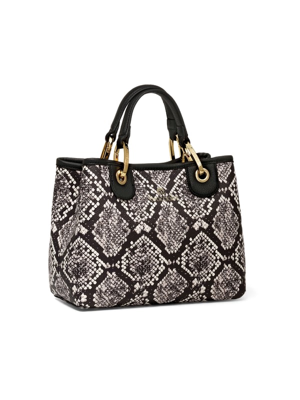Damenhandtasche mit Magnetknopfverschluss. eine mit Reißverschluss-Innentaschen. fehlende Außentaschen. verstellbarer und abnehmbarer Schultergurt. Griff aus 50 % Polyester, 50 % Polyurethan. zwei Innenfächer.  Außenmaterial: Innenmaterial: 100 % Polyester. Maße: 28x21,5x13 cm. Modeprodukt