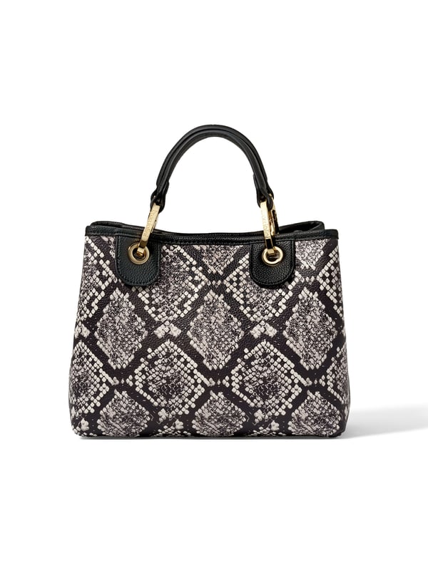 Damenhandtasche mit Magnetknopfverschluss. eine mit Reißverschluss-Innentaschen. fehlende Außentaschen. verstellbarer und abnehmbarer Schultergurt. Griff aus 50 % Polyester, 50 % Polyurethan. zwei Innenfächer.  Außenmaterial: Innenmaterial: 100 % Polyester. Maße: 28x21,5x13 cm. Modeprodukt