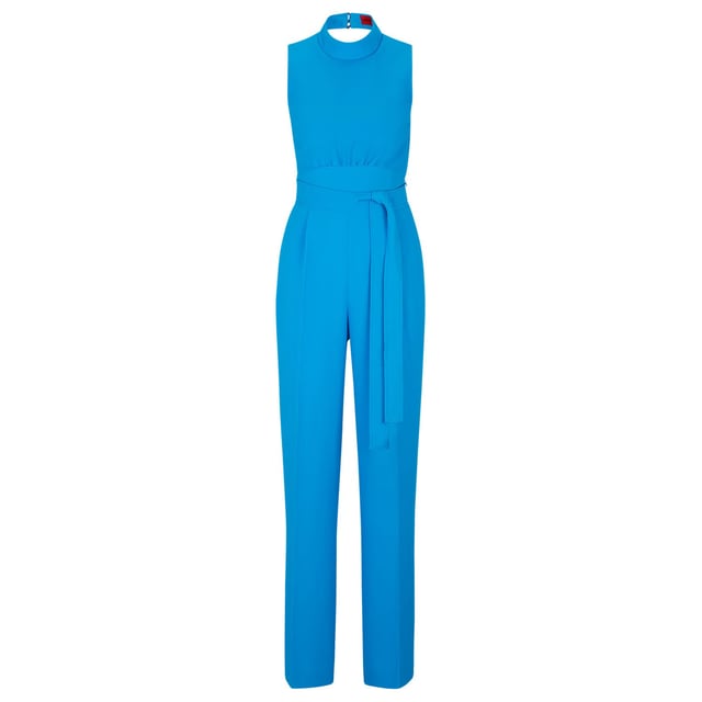Womens Hugo Kisuse Jumpsuit in blue.- High neckline.- Sleeveless design.- Flattering fit.- Tie belt.- Drapes beautifully.- Soft and comfortable fabric.- Ref: 50509976435