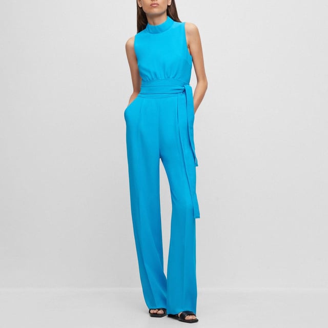 Womens Hugo Kisuse Jumpsuit in blue.- High neckline.- Sleeveless design.- Flattering fit.- Tie belt.- Drapes beautifully.- Soft and comfortable fabric.- Ref: 50509976435