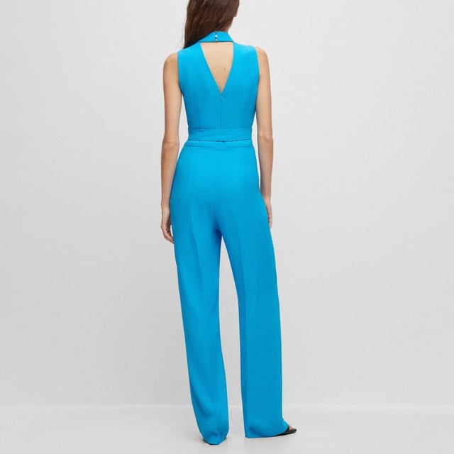 Womens Hugo Kisuse Jumpsuit in blue.- High neckline.- Sleeveless design.- Flattering fit.- Tie belt.- Drapes beautifully.- Soft and comfortable fabric.- Ref: 50509976435
