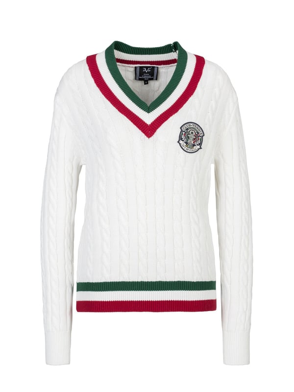 De gebreide trui *MARISA* van 19v69 ITALIA combineert een sportieve collegestijl met zacht katoen en stijlvolle details, ideaal voor een elegante casual look.
