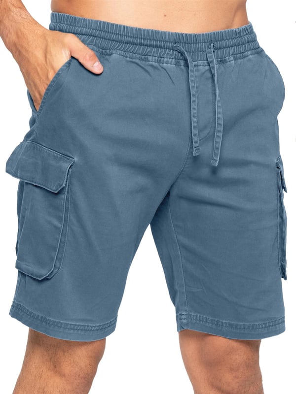 Enzo Pantalones Cortos Cargo Stretch para Hombre. Cintura Elástica con Cordón Ajustable. Diseño de 5 Bolsillos. 2 Bolsillos Laterales, 2 Bolsillos Cargo con Cierre de Velcro. Bolsillo Trasero con Ribete. Cintura Media, Corte Regular