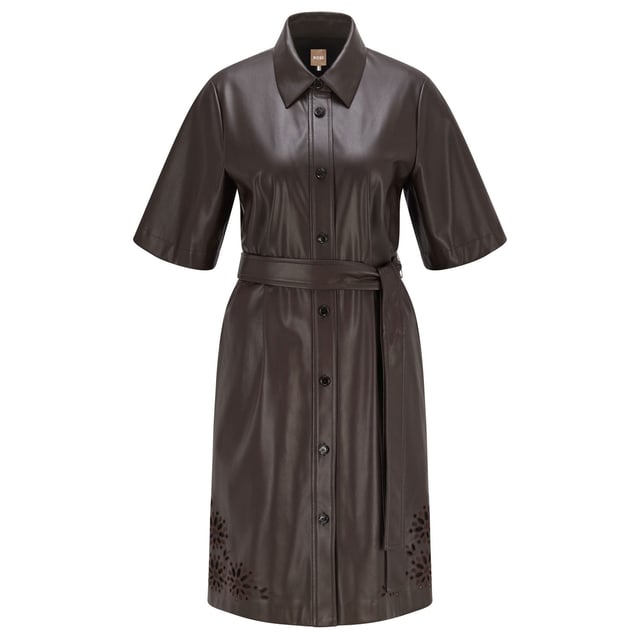 Womens BOSS C_Dalelu Dress in brown.A short-sleeved business dress with a button-up front by BOSS Womenswear. Featuring elegant broderie anglaise detailing at the hemline  this fully lined dress is crafted in faux leather with a coated finish for a subtle sheen. An adjustable tie belt offers definition at the waist.100% polyesterRef: 50468286-203
