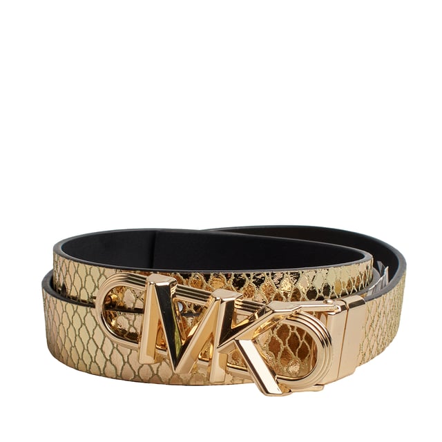 A buckle featuring Michael Michael Kors' polished Empire hardware adds a sleek touch to this reversible belt. It features a metallic snakeskin texture on one side and smooth leather on the other for versatility and style season after season.

 Details:
 - Accessory type: Reversible belt.
 - Material: Leather/metallic PVC.
 - Texture: Smooth/Snake.
 - Closure type: Classic buckle with snap closure.
 - Width: 2.5 cm.

 Size length:
 • XS = 86 cm.
 • S = 94 cm.
 • M = 102 cm.
 • L = 109 cm.
 • XL = 117 cm.
 • XXL = 124 cm.

 Each women's leather belt designed by Michael Kors is an affordable luxury with a touch of modern, unexpected, and comfortable glamour that offers a piece for every occasion.
 Composition: 51% Leather, 49% PVC
 Care:
Clean with a soft, dry cloth.
 Avoid prolonged exposure to the sun and humidity.